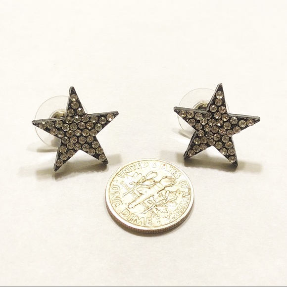 STAR EARRINGS BLACK WITH SILVER RHINESTONES BLING - Picture 4 of 4